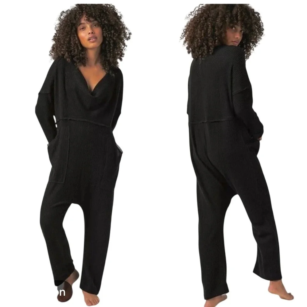 Free People Kickback Fall Black Waffle Knit Slouchy Harem Jumpsuit SPOB807534